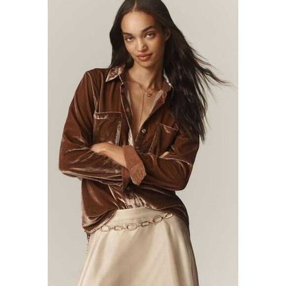 NWT Anthropologie The Hadley Relaxed Velvet Buttondown Shirt Sz XXS Taupe #8B503 - Picture 1 of 8